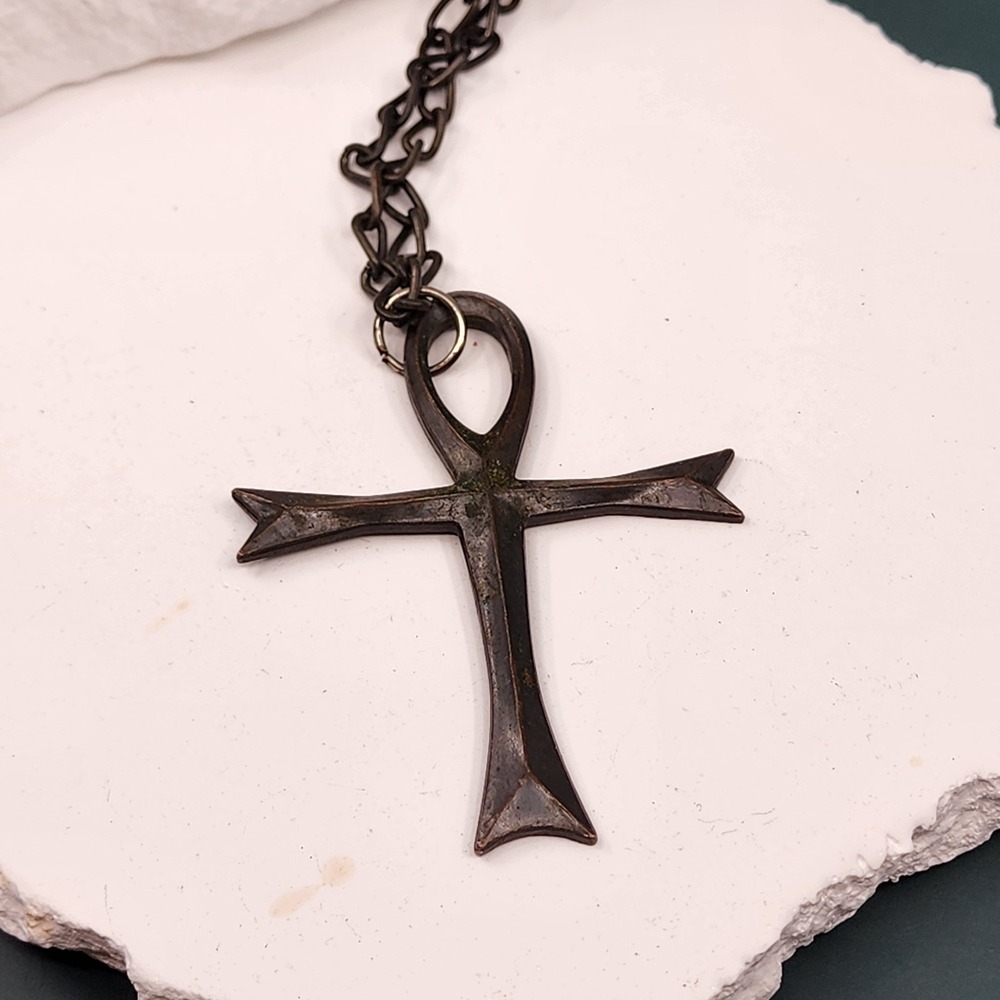 Large Egyptian Ankh Cross Pendant Necklace Antiqued Bronze Tone Statement